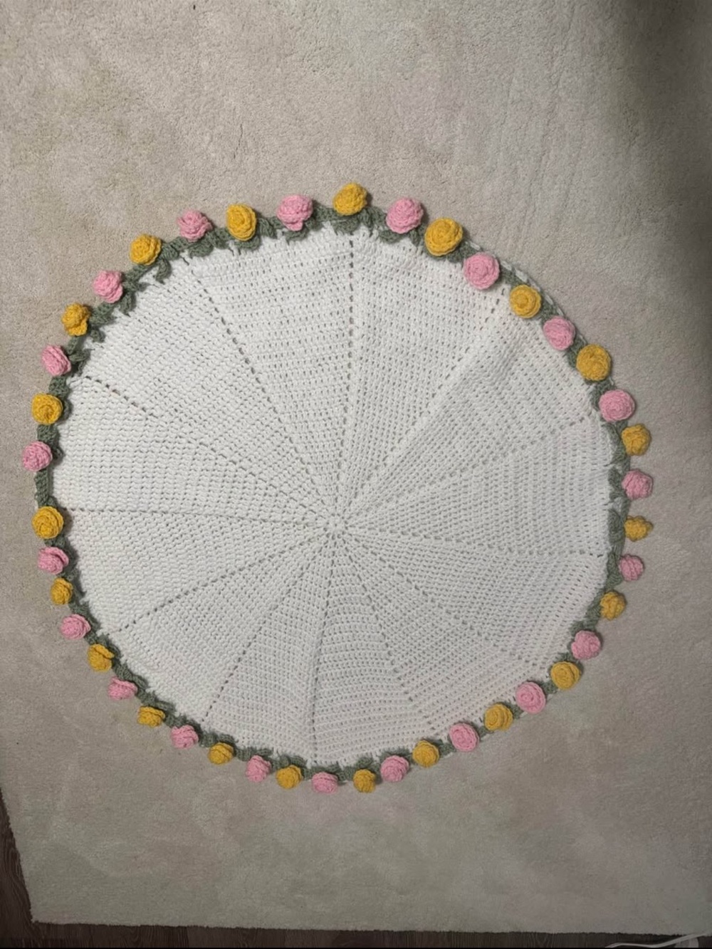 AVAILABLE NOW Handmade White Crochet Round Baby Blanket with Pink & Yellow Roses